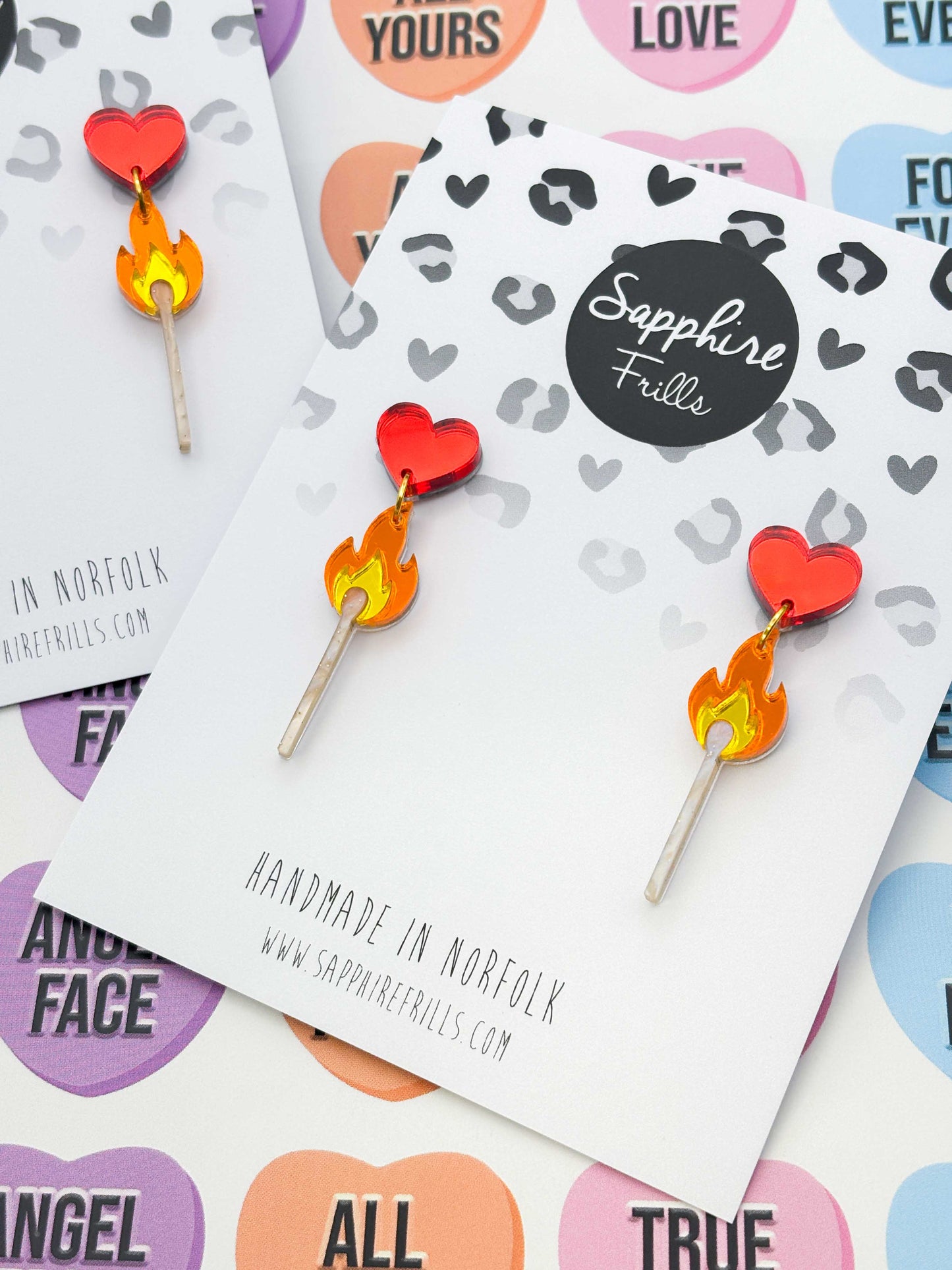 Large Flaming Matchstick with Heart Statement Dangle Earrings – Hypoallergenic Stainless Steel