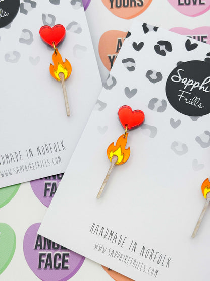 Large Flaming Matchstick with Heart Statement Dangle Earrings – Hypoallergenic Stainless Steel