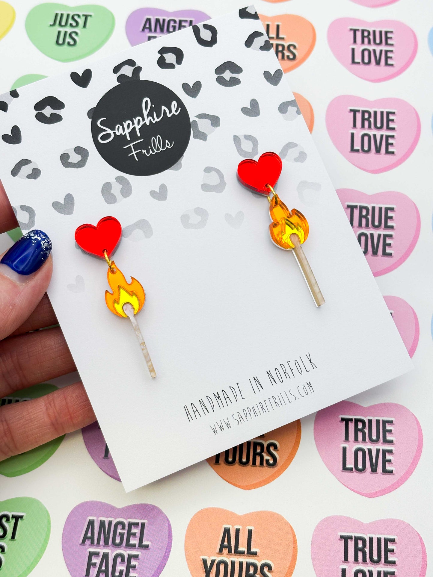 Large Flaming Matchstick with Heart Statement Dangle Earrings – Hypoallergenic Stainless Steel