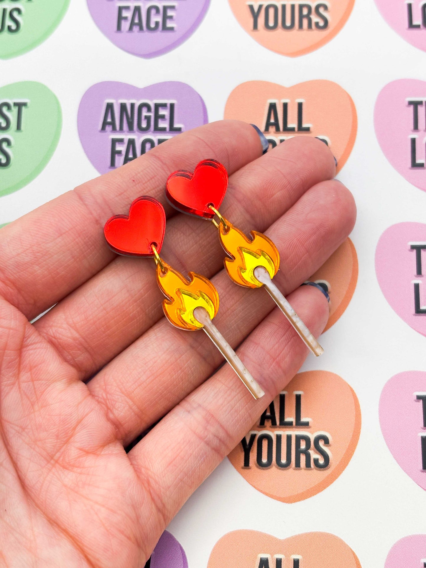 Large Flaming Matchstick with Heart Statement Dangle Earrings – Hypoallergenic Stainless Steel