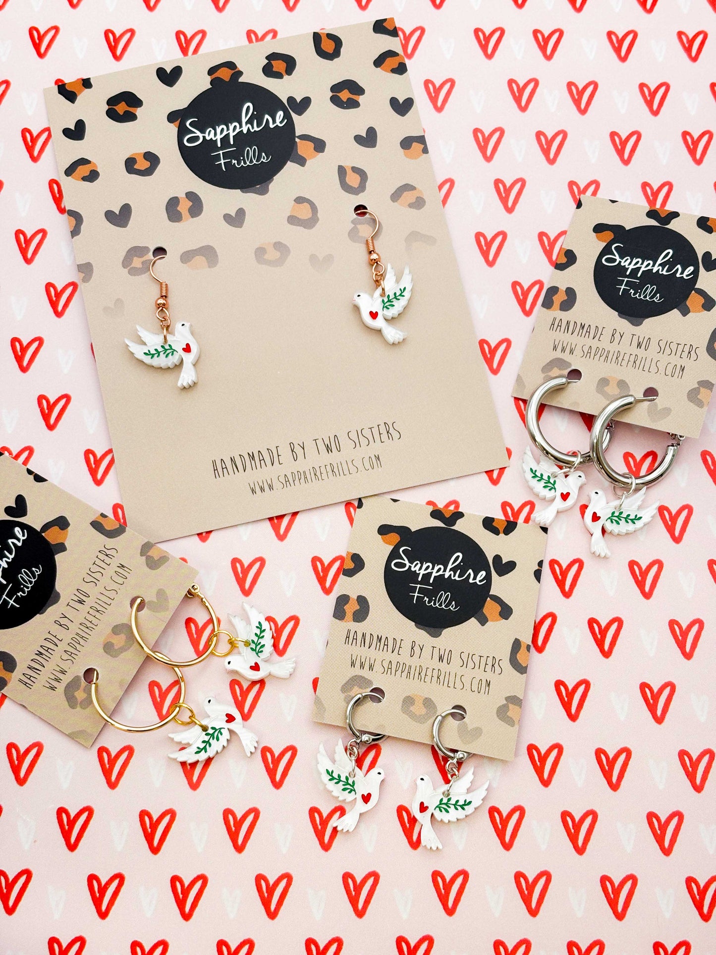 Small White Marble Heart Dove Dangle Earrings or Necklace – Hypoallergenic Stainless Steel