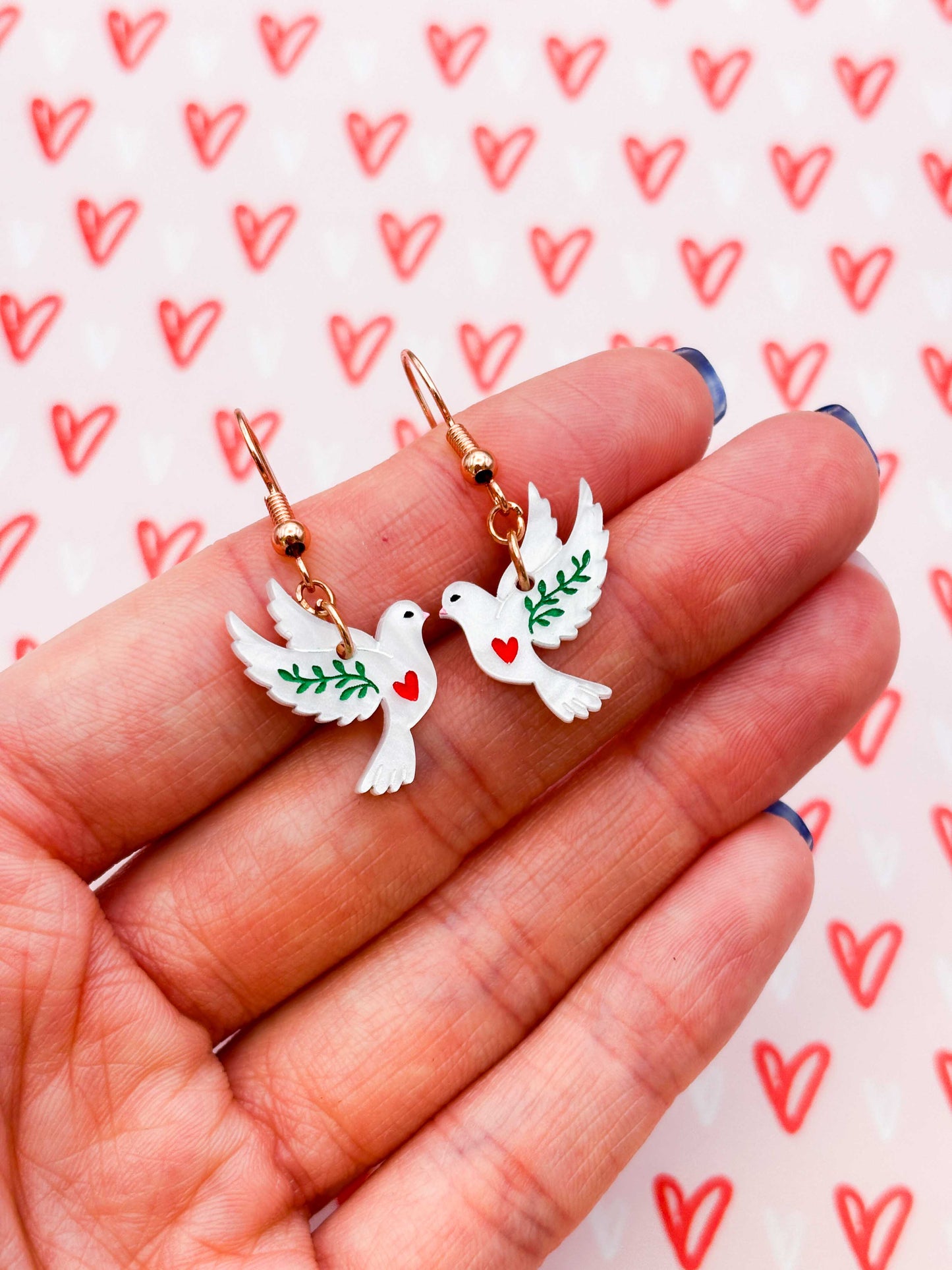 Small White Marble Heart Dove Dangle Earrings or Necklace – Hypoallergenic Stainless Steel