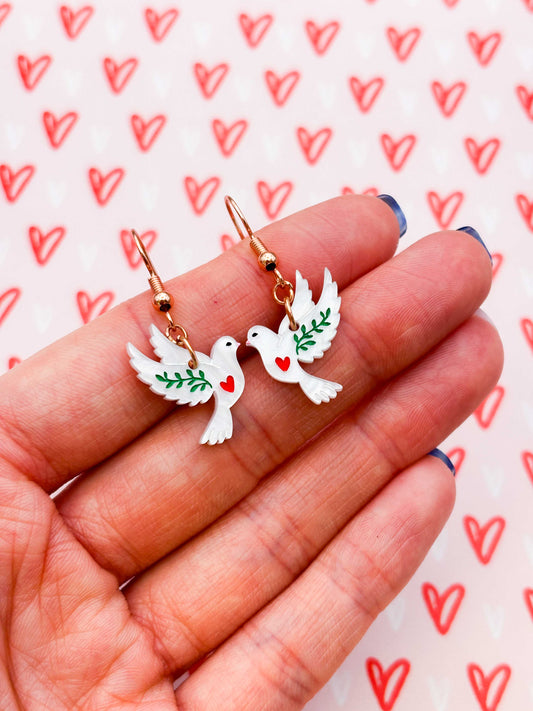 Small White Marble Heart Dove Dangle Earrings or Necklace – Hypoallergenic Stainless Steel