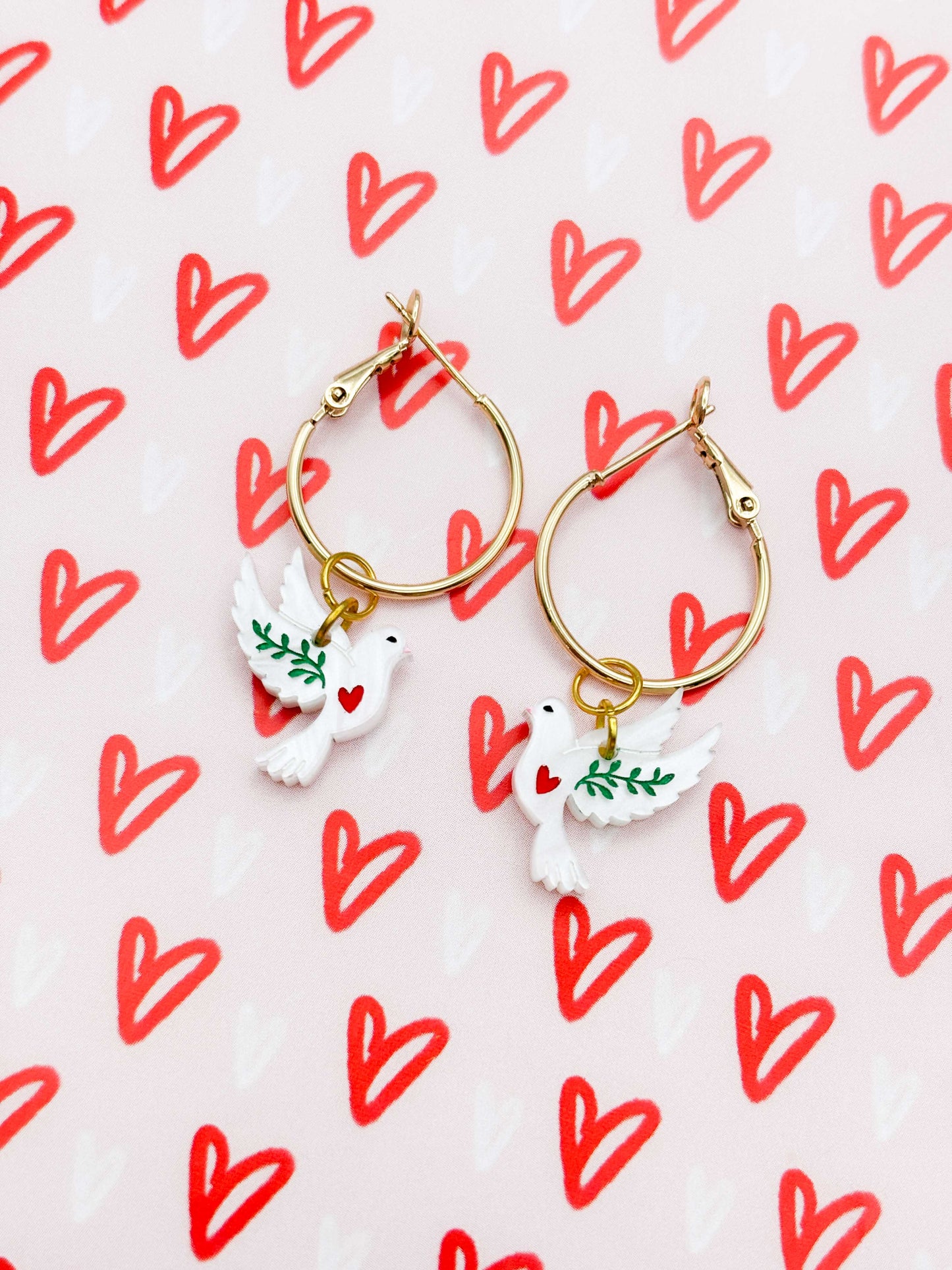 Small White Marble Heart Dove Dangle Earrings or Necklace – Hypoallergenic Stainless Steel