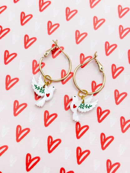 Small White Marble Heart Dove Dangle Earrings or Necklace – Hypoallergenic Stainless Steel