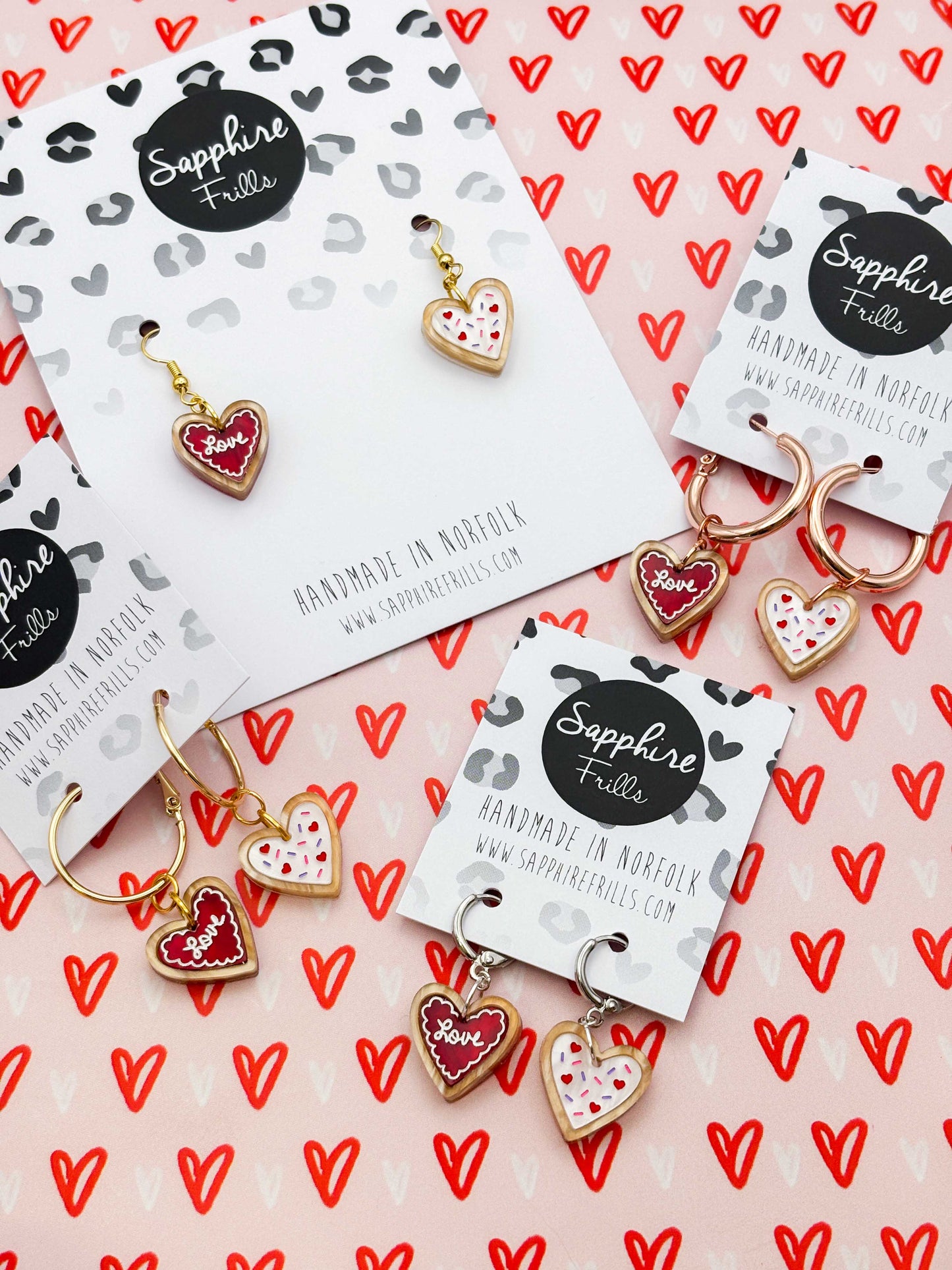 Small Mismatch ‘Love’ Valentines Heart Cookie Dangle Earrings or Necklace – Hypoallergenic Stainless Steel