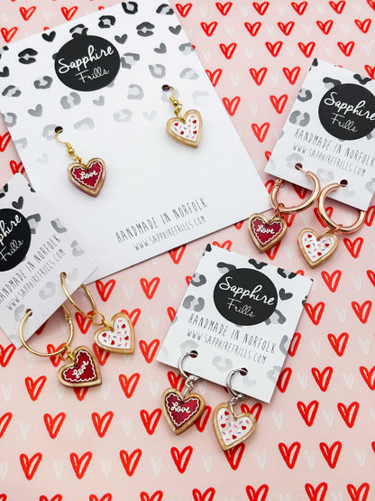 Small Mismatch ‘Love’ Valentines Heart Cookie Dangle Earrings or Necklace – Hypoallergenic Stainless Steel