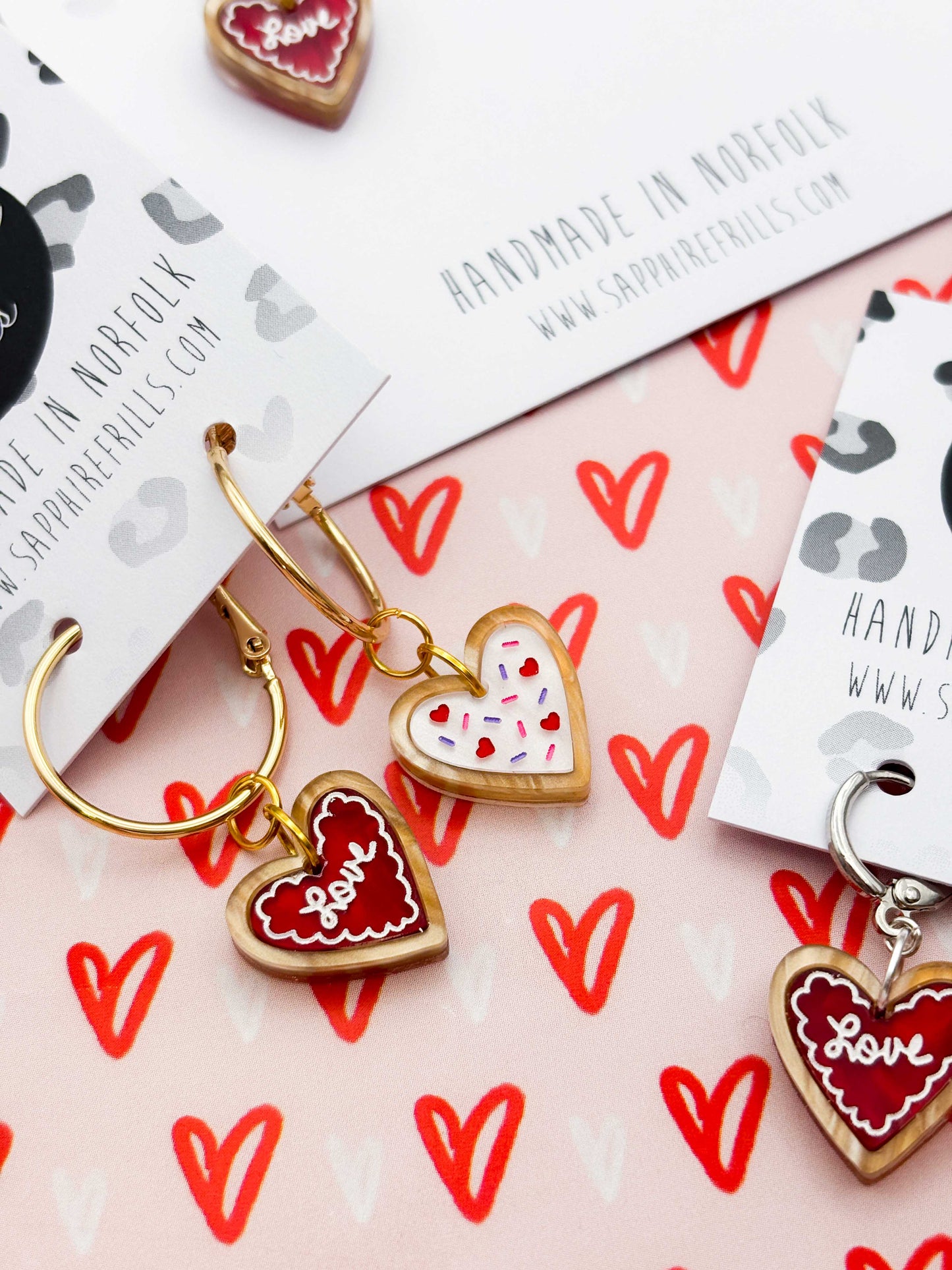 Small Mismatch ‘Love’ Valentines Heart Cookie Dangle Earrings or Necklace – Hypoallergenic Stainless Steel