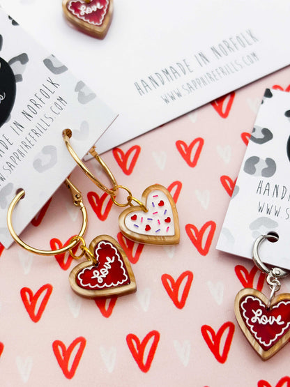 Small Mismatch ‘Love’ Valentines Heart Cookie Dangle Earrings or Necklace – Hypoallergenic Stainless Steel