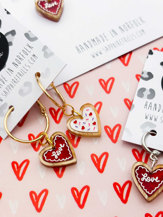 Small Mismatch ‘Love’ Valentines Heart Cookie Dangle Earrings or Necklace – Hypoallergenic Stainless Steel