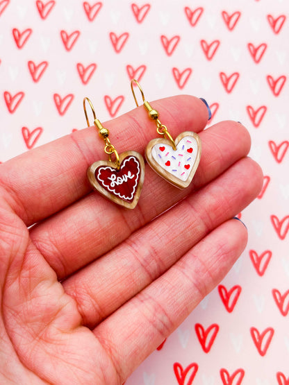 Small Mismatch ‘Love’ Valentines Heart Cookie Dangle Earrings or Necklace – Hypoallergenic Stainless Steel