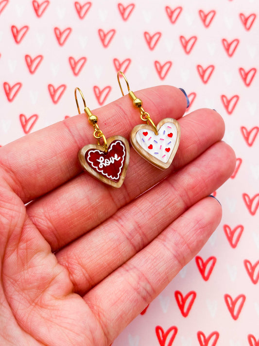 Small Mismatch ‘Love’ Valentines Heart Cookie Dangle Earrings or Necklace – Hypoallergenic Stainless Steel
