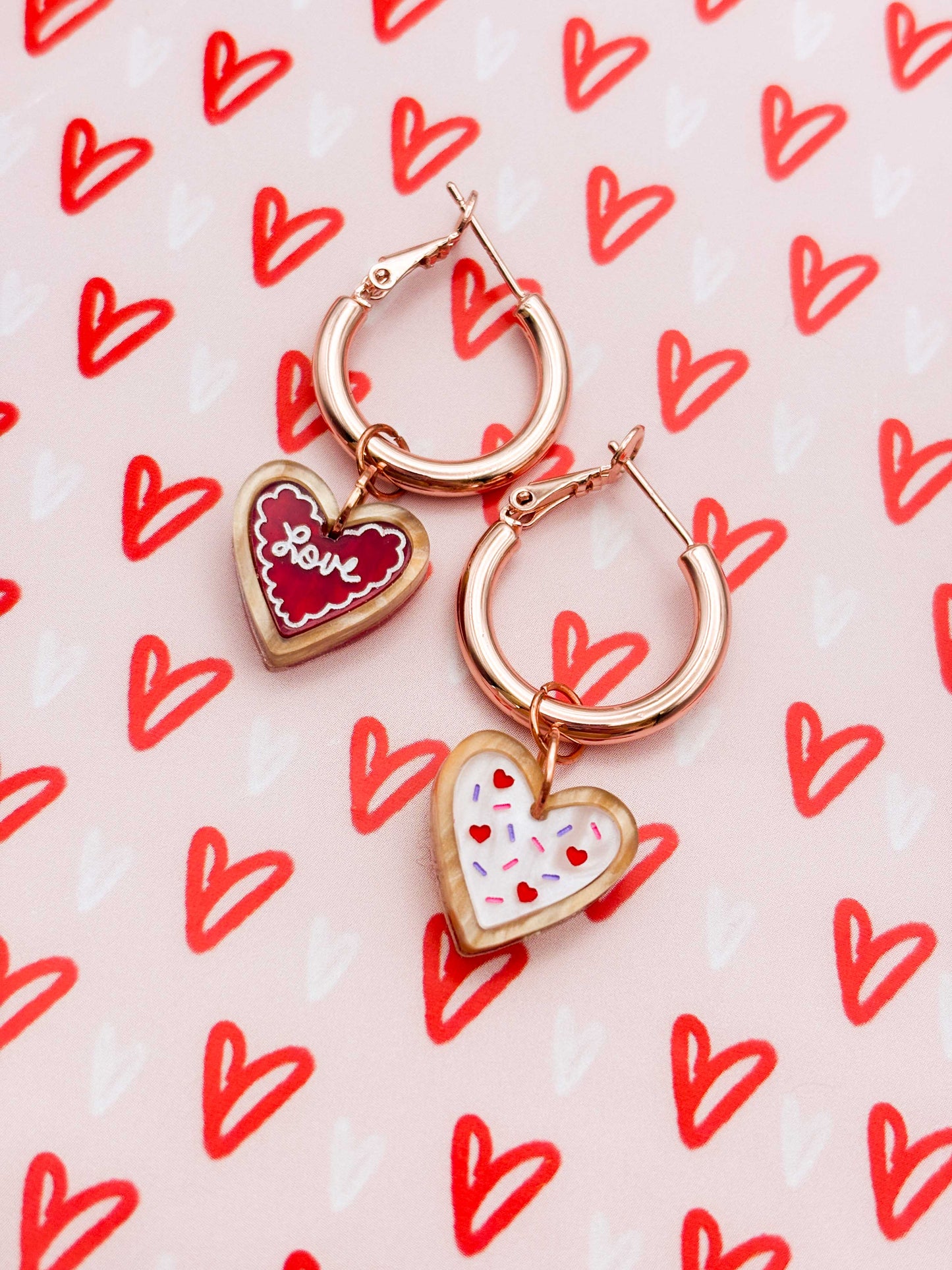 Small Mismatch ‘Love’ Valentines Heart Cookie Dangle Earrings or Necklace – Hypoallergenic Stainless Steel