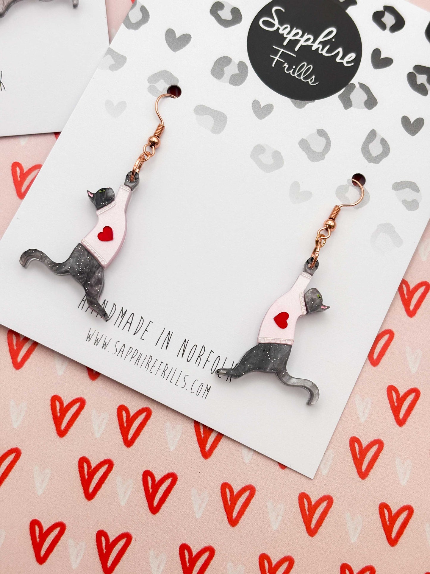 Large Grey Glitter Marble Cat With Pink Jumper Dangle Earrings or Necklace – Hypoallergenic Stainless Steel