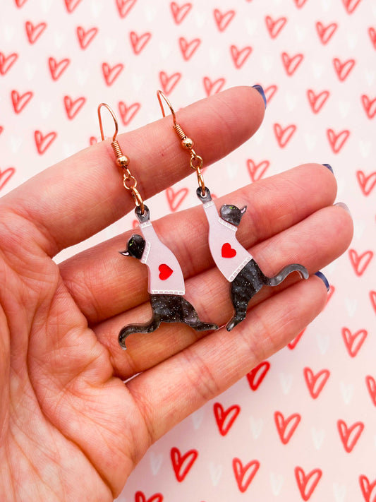 Large Grey Glitter Marble Cat With Pink Jumper Dangle Earrings or Necklace – Hypoallergenic Stainless Steel