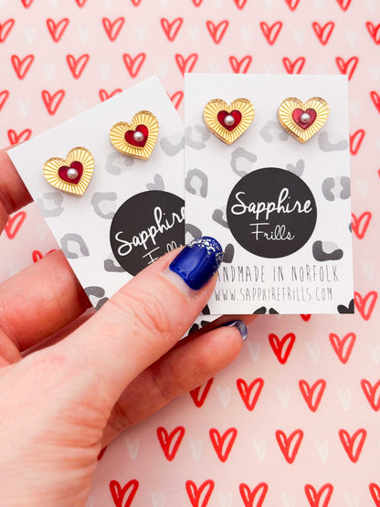 Small Gold Mirror and Red Marble Pearl Cut Out Heart Stud Earrings – Hypoallergenic Stainless Steel