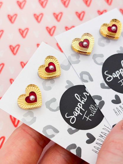 Small Gold Mirror and Red Marble Pearl Cut Out Heart Stud Earrings – Hypoallergenic Stainless Steel