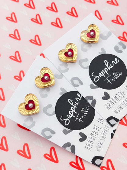 Small Gold Mirror and Red Marble Pearl Cut Out Heart Stud Earrings – Hypoallergenic Stainless Steel