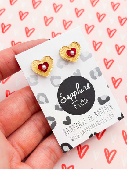 Small Gold Mirror and Red Marble Pearl Cut Out Heart Stud Earrings – Hypoallergenic Stainless Steel
