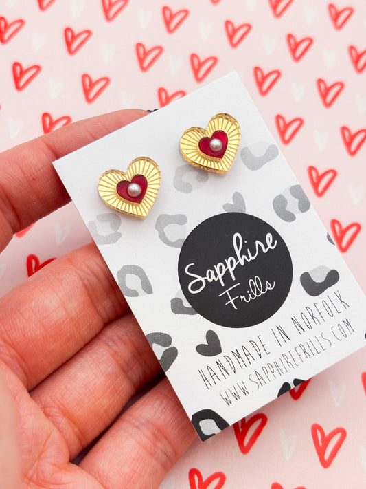 Small Gold Mirror and Red Marble Pearl Cut Out Heart Stud Earrings – Hypoallergenic Stainless Steel