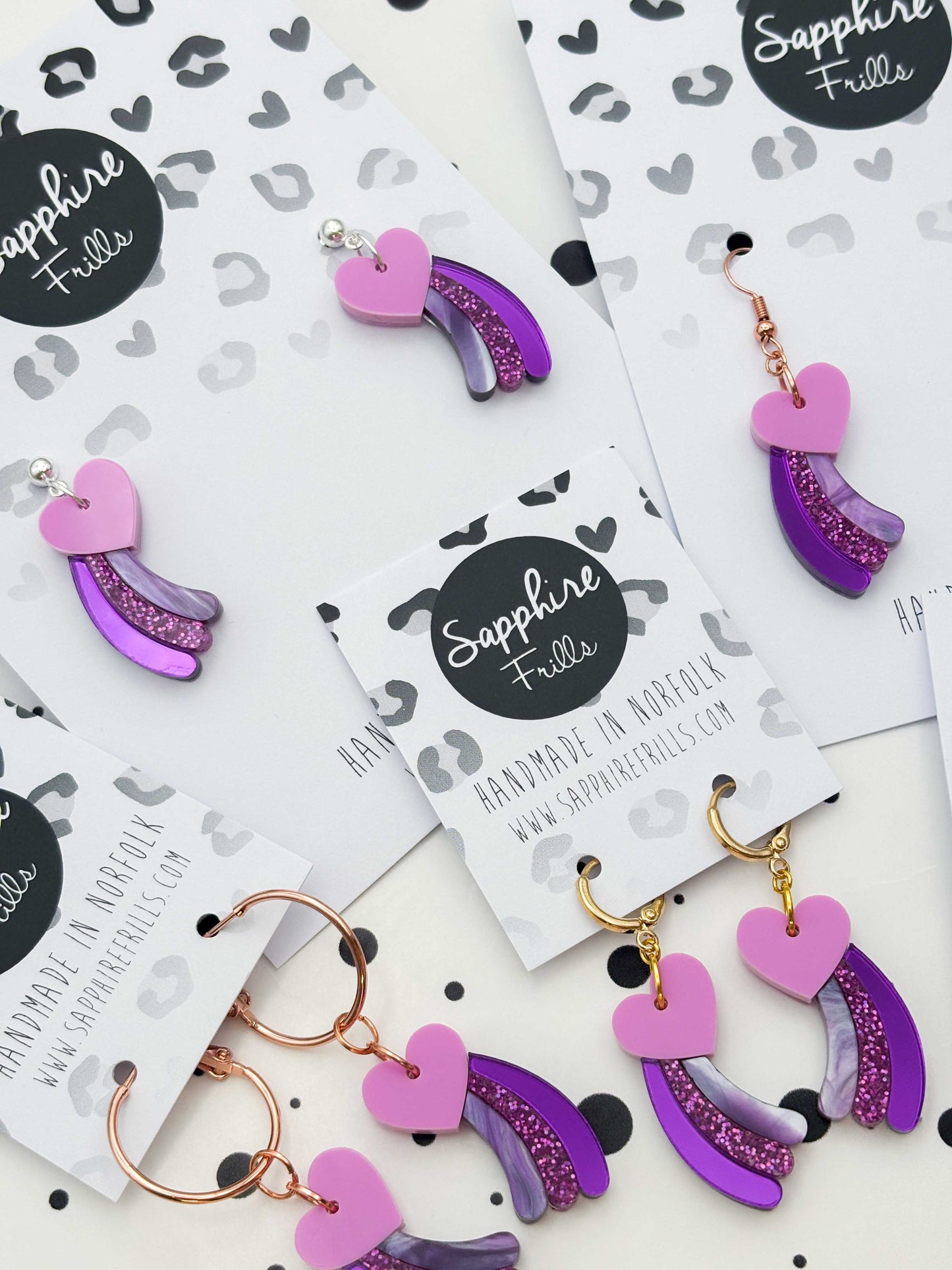 Medium Purple & Pink Glitter Marble Shooting Heart Dangle Earrings or Necklace – Hypoallergenic Stainless Steel
