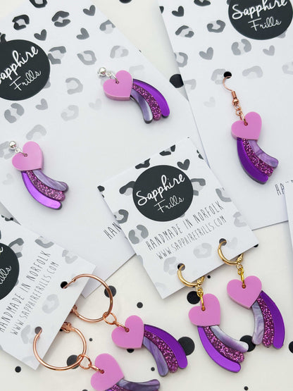 Medium Purple & Pink Glitter Marble Shooting Heart Dangle Earrings or Necklace – Hypoallergenic Stainless Steel