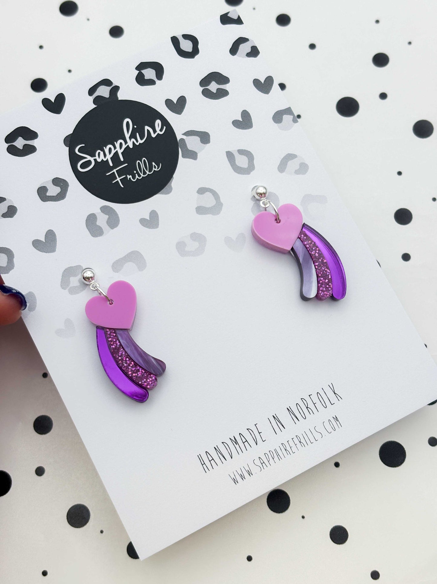 Medium Purple & Pink Glitter Marble Shooting Heart Dangle Earrings or Necklace – Hypoallergenic Stainless Steel