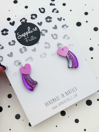Medium Purple & Pink Glitter Marble Shooting Heart Dangle Earrings or Necklace – Hypoallergenic Stainless Steel