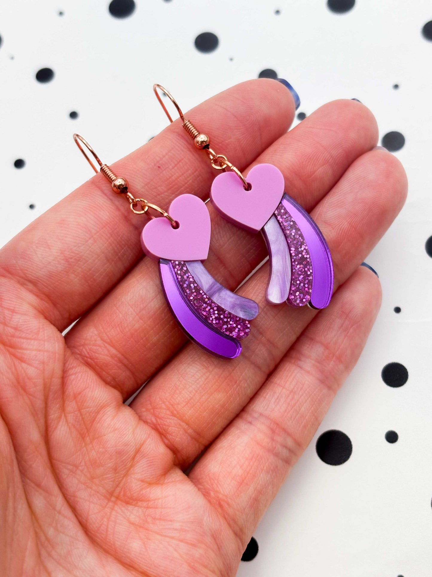 Medium Purple & Pink Glitter Marble Shooting Heart Dangle Earrings or Necklace – Hypoallergenic Stainless Steel