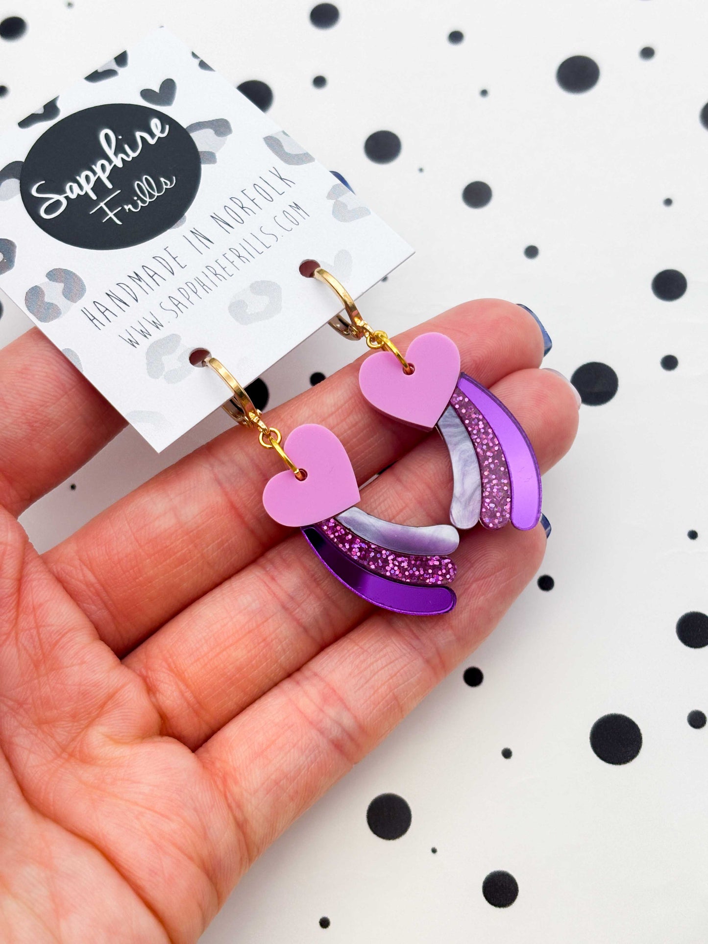 Medium Purple & Pink Glitter Marble Shooting Heart Dangle Earrings or Necklace – Hypoallergenic Stainless Steel
