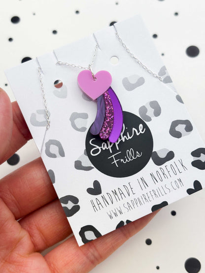 Medium Purple & Pink Glitter Marble Shooting Heart Dangle Earrings or Necklace – Hypoallergenic Stainless Steel