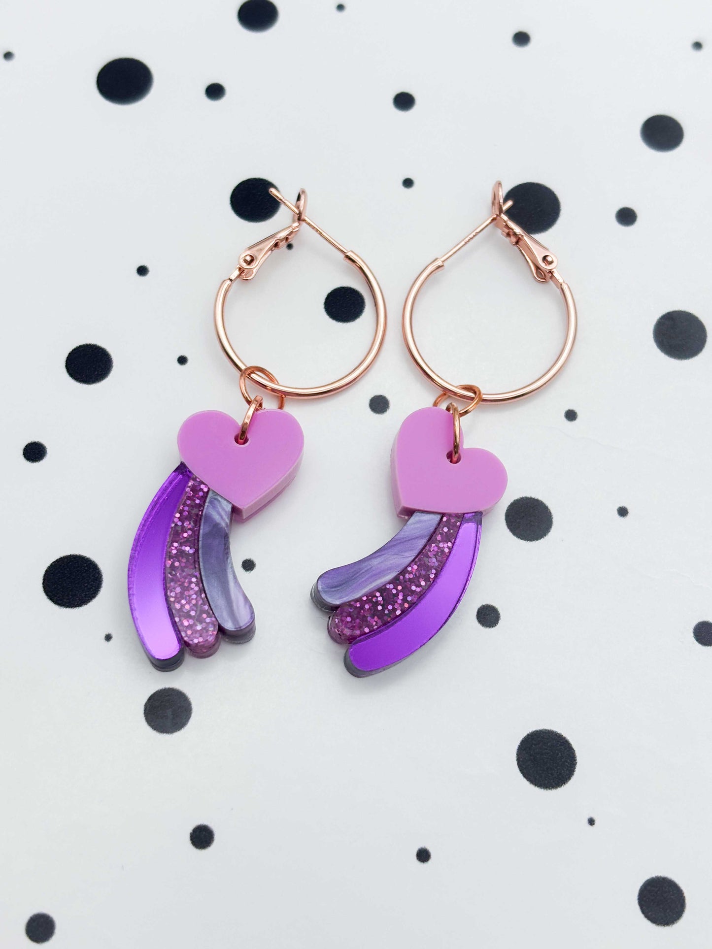 Medium Purple & Pink Glitter Marble Shooting Heart Dangle Earrings or Necklace – Hypoallergenic Stainless Steel
