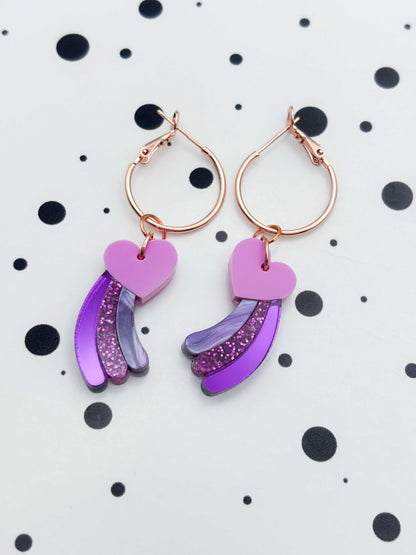Medium Purple & Pink Glitter Marble Shooting Heart Dangle Earrings or Necklace – Hypoallergenic Stainless Steel