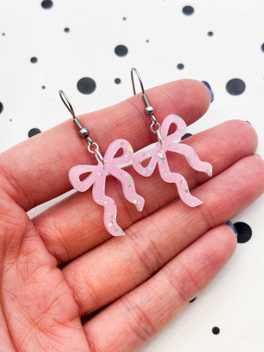 Large Pastel Pink With Silver Holographic Glitter Ribbon Bow Dangle Earrings or Necklace – Hypoallergenic Stainless Steel