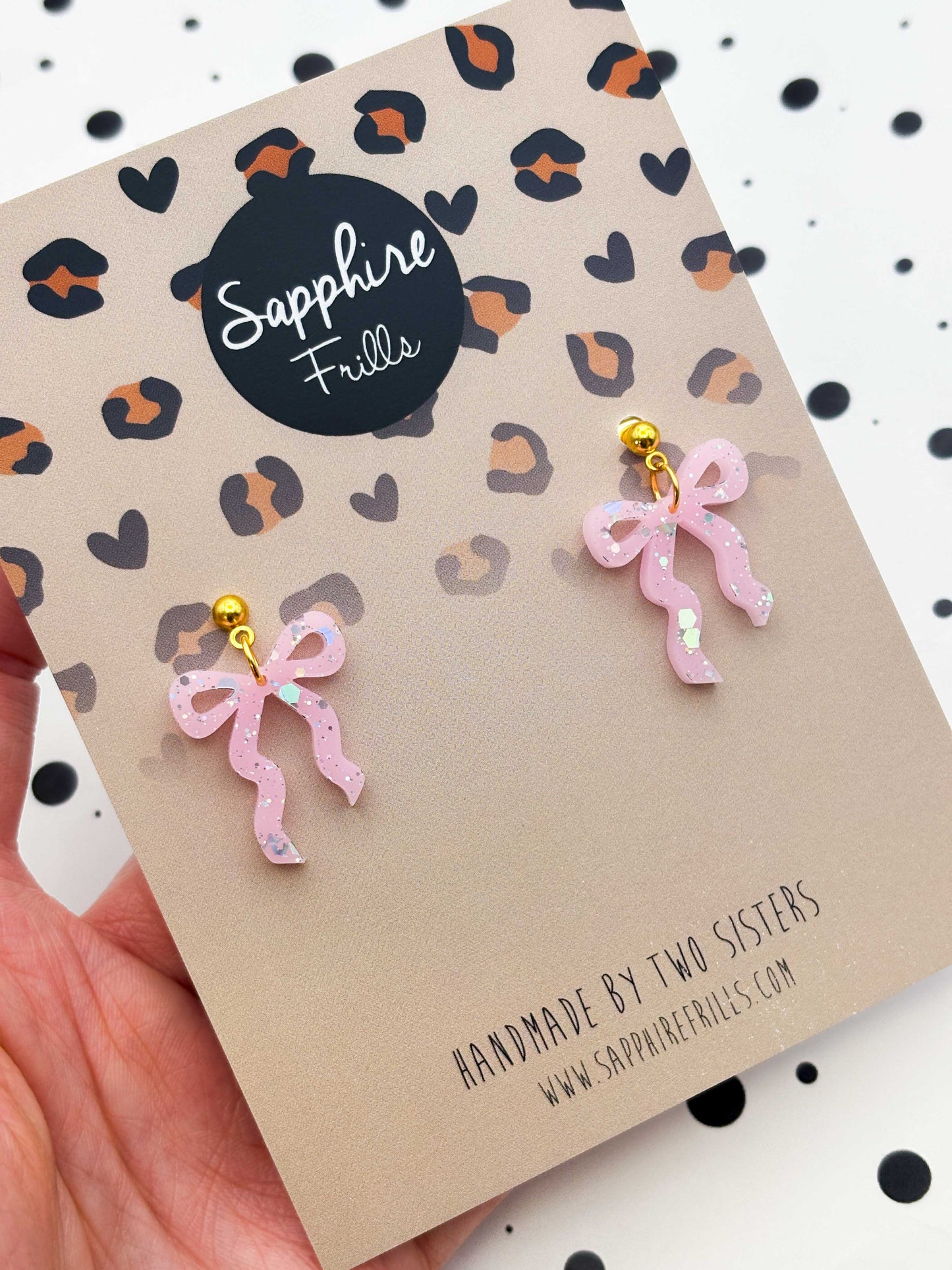 Large Pastel Pink With Silver Holographic Glitter Ribbon Bow Dangle Earrings or Necklace – Hypoallergenic Stainless Steel