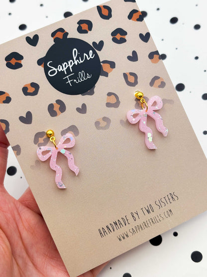 Large Pastel Pink With Silver Holographic Glitter Ribbon Bow Dangle Earrings or Necklace – Hypoallergenic Stainless Steel
