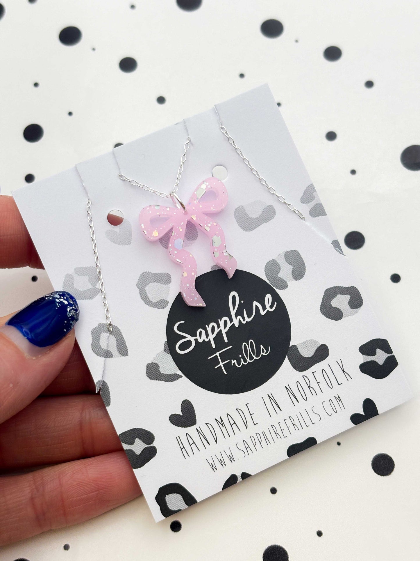 Large Pastel Pink With Silver Holographic Glitter Ribbon Bow Dangle Earrings or Necklace – Hypoallergenic Stainless Steel