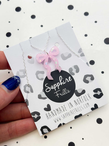 Large Pastel Pink With Silver Holographic Glitter Ribbon Bow Dangle Earrings or Necklace – Hypoallergenic Stainless Steel
