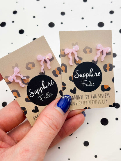 Small Pastel Pink with Silver Holographic Glitter Ribbon Bow Studs – Hypoallergenic Stainless Steel
