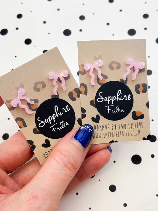 Small Pastel Pink with Silver Holographic Glitter Ribbon Bow Studs – Hypoallergenic Stainless Steel
