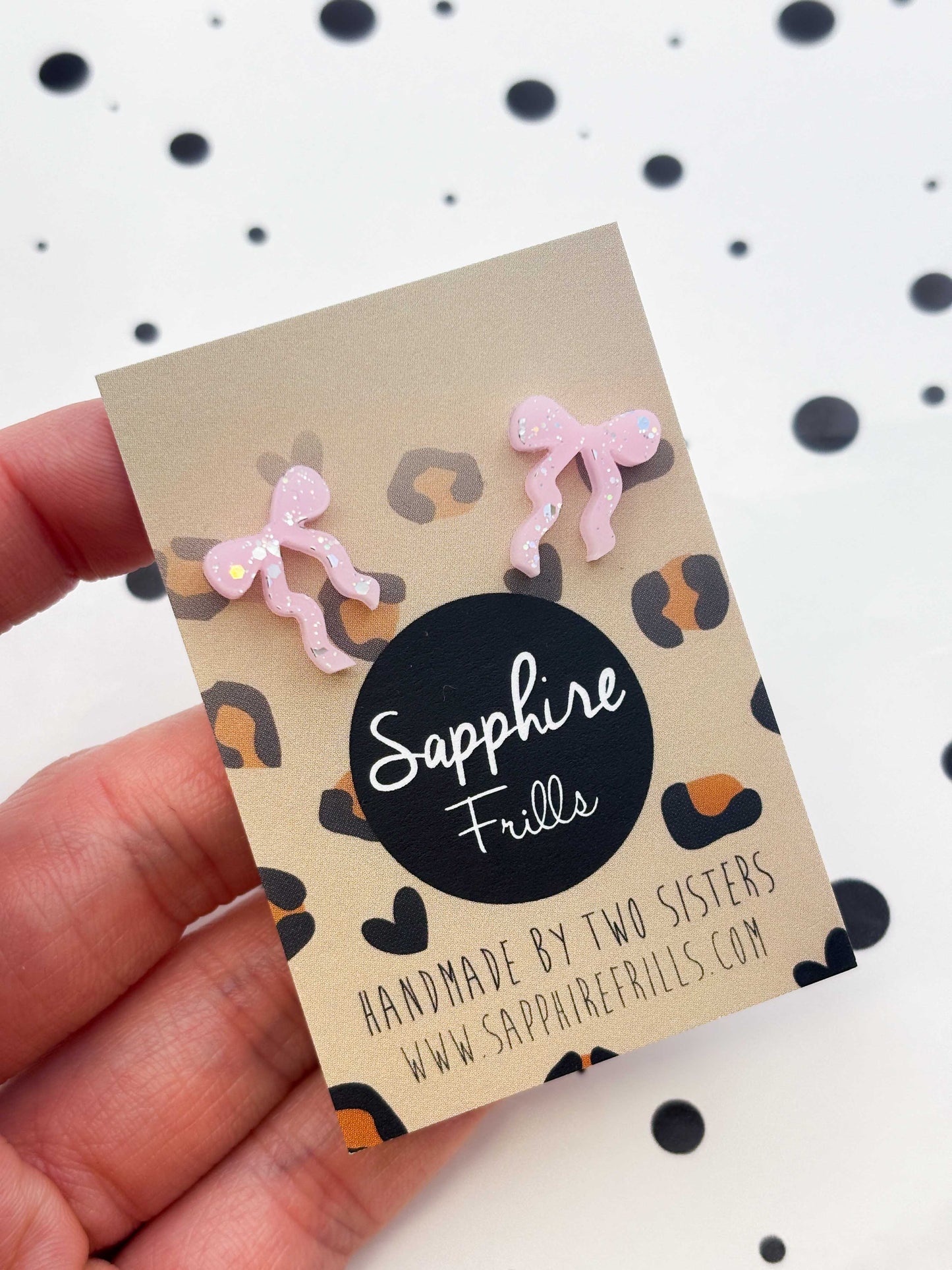 Small Pastel Pink with Silver Holographic Glitter Ribbon Bow Studs – Hypoallergenic Stainless Steel