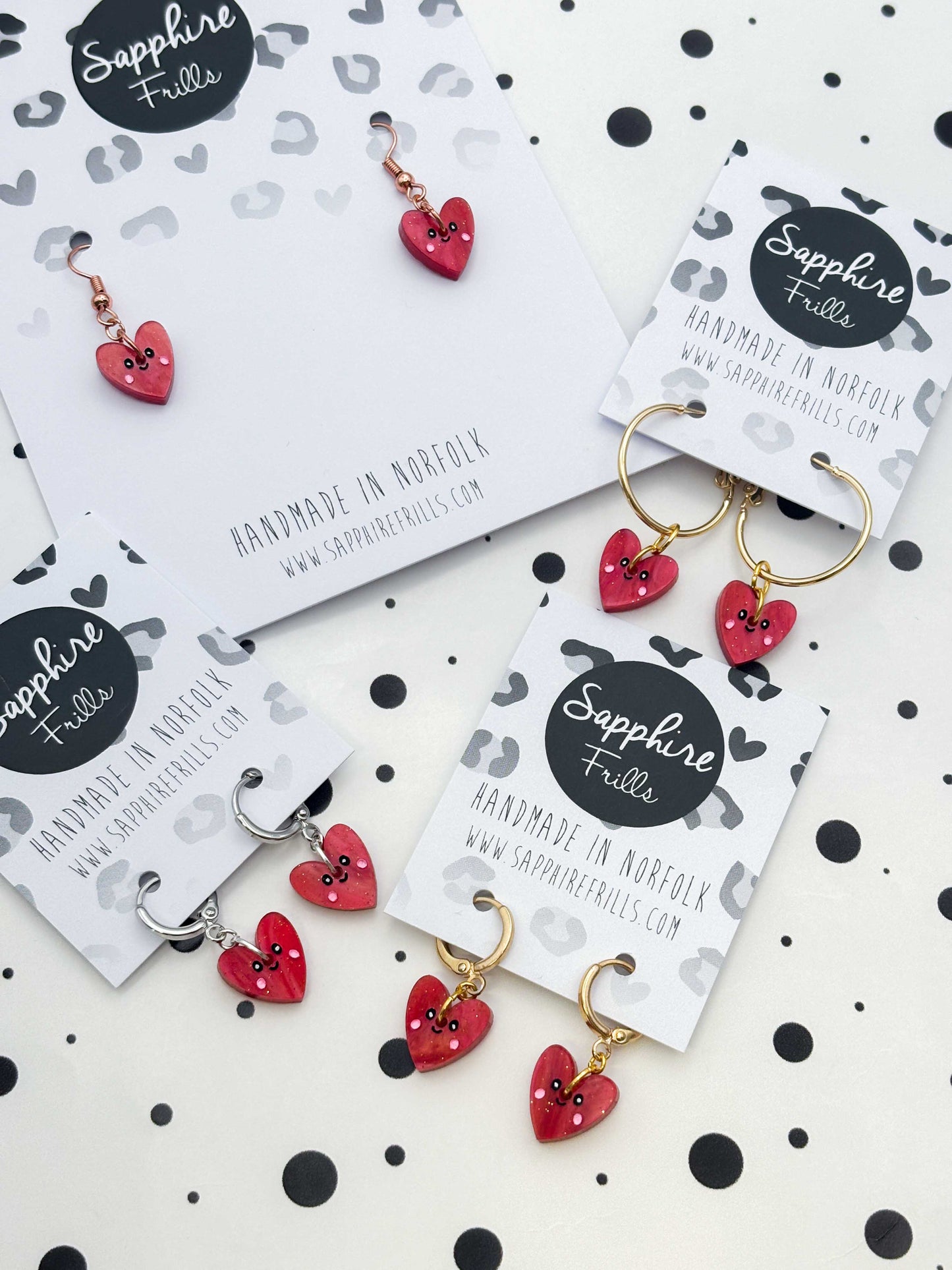 Small Red Glitter Marble Heart with Face Dangle Earrings or Necklace – Hypoallergenic Stainless Steel
