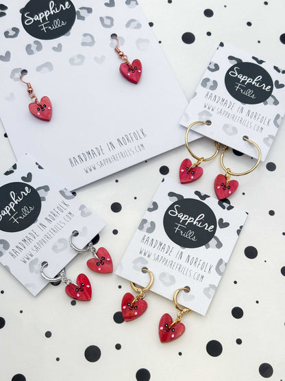 Small Red Glitter Marble Heart with Face Dangle Earrings or Necklace – Hypoallergenic Stainless Steel