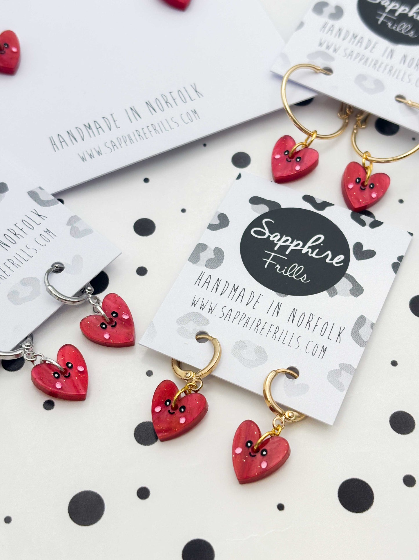 Small Red Glitter Marble Heart with Face Dangle Earrings or Necklace – Hypoallergenic Stainless Steel