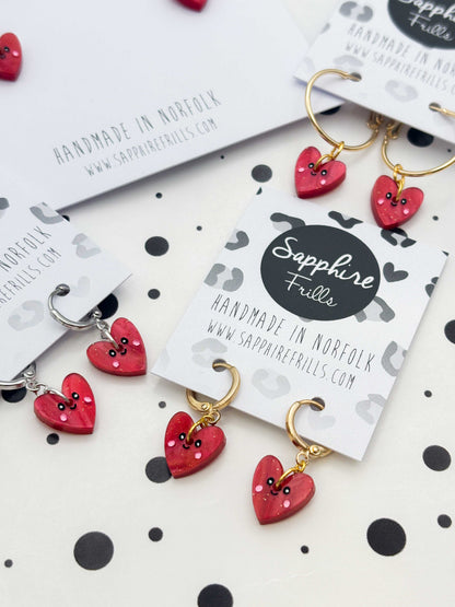 Small Red Glitter Marble Heart with Face Dangle Earrings or Necklace – Hypoallergenic Stainless Steel