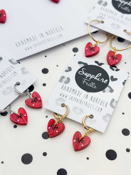 Small Red Glitter Marble Heart with Face Dangle Earrings or Necklace – Hypoallergenic Stainless Steel