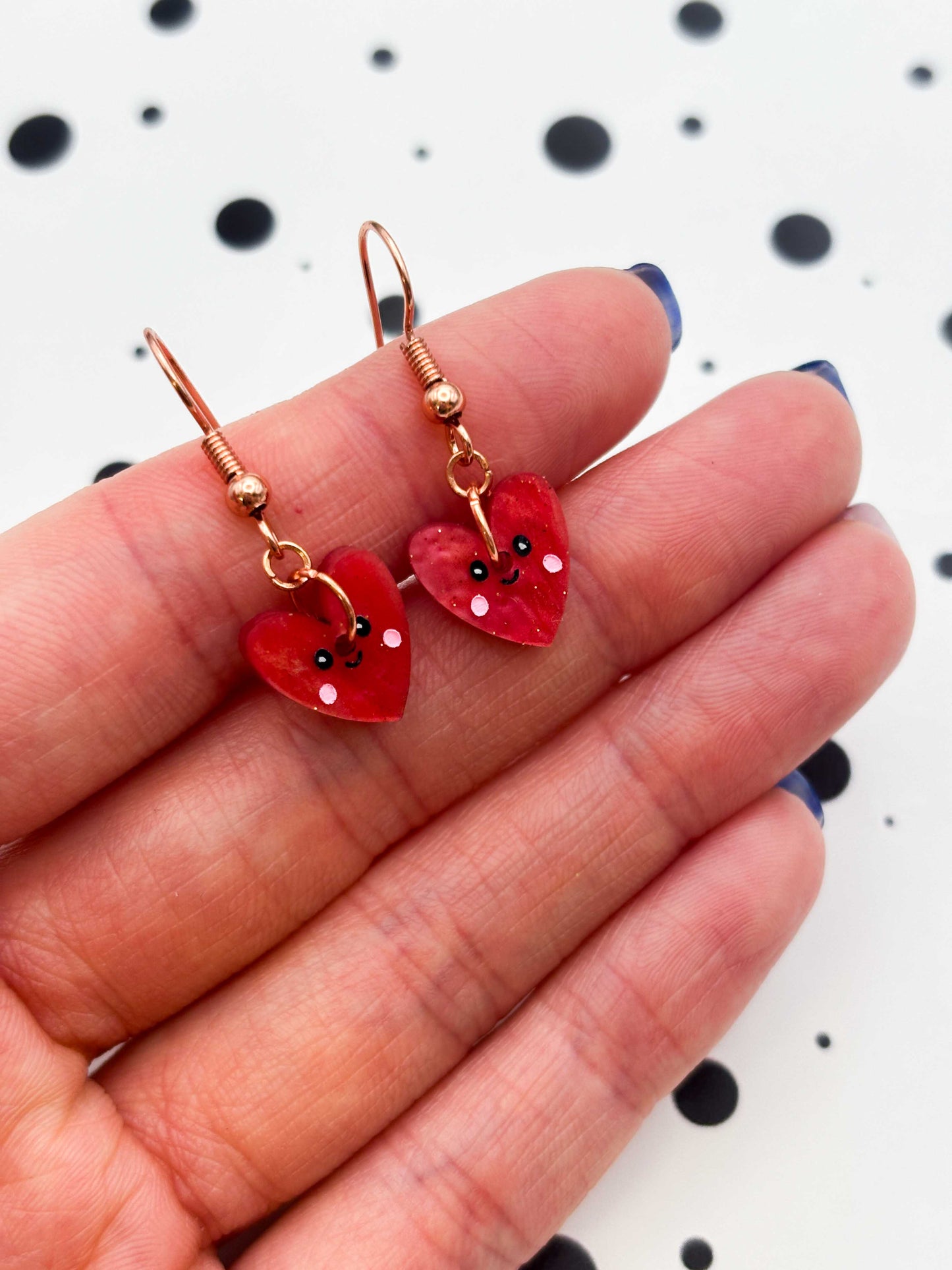 Small Red Glitter Marble Heart with Face Dangle Earrings or Necklace – Hypoallergenic Stainless Steel