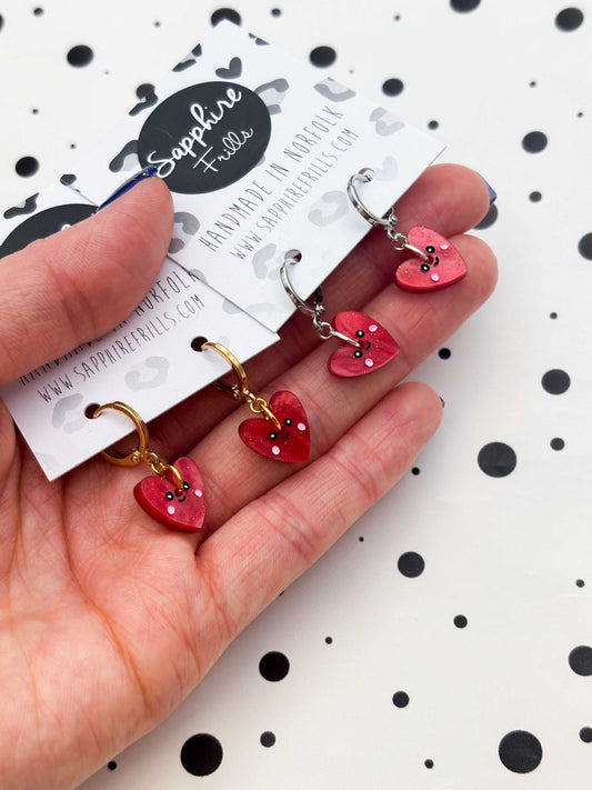 Small Red Glitter Marble Heart with Face Dangle Earrings or Necklace – Hypoallergenic Stainless Steel