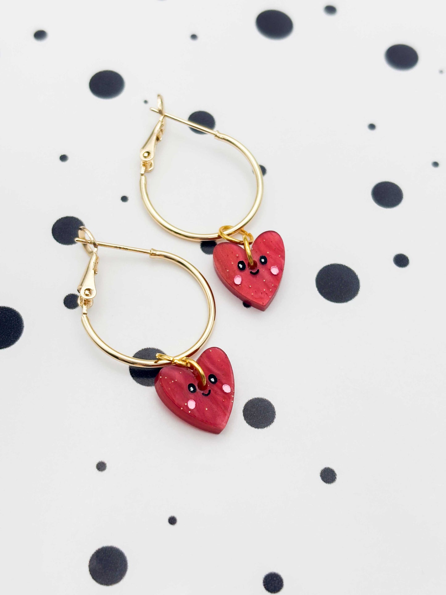 Small Red Glitter Marble Heart with Face Dangle Earrings or Necklace – Hypoallergenic Stainless Steel