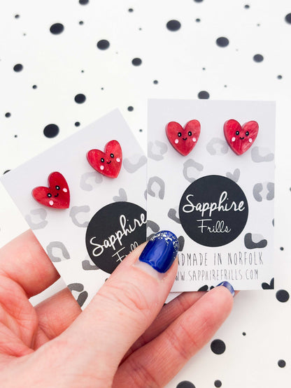 Small Red Glitter Marble Heart with Face Stud Earrings – Hypoallergenic Stainless Steel